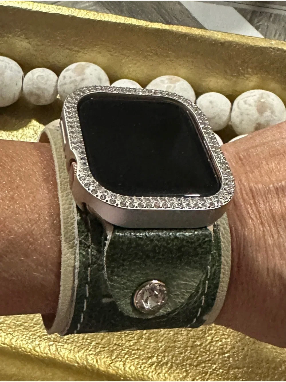 Leather Watch Cuff in Green Tie-Dye with Gold Hardware. Large adapters.